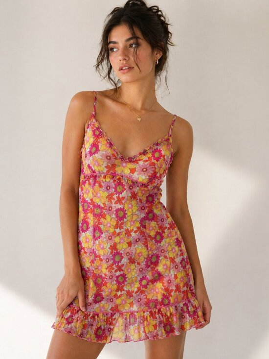 P.J. Salvage Dresses & Skirts - P.J. Salvage Sheer Floral Babydoll Slip Dress Women’s Large Y2K Whimsy Pink